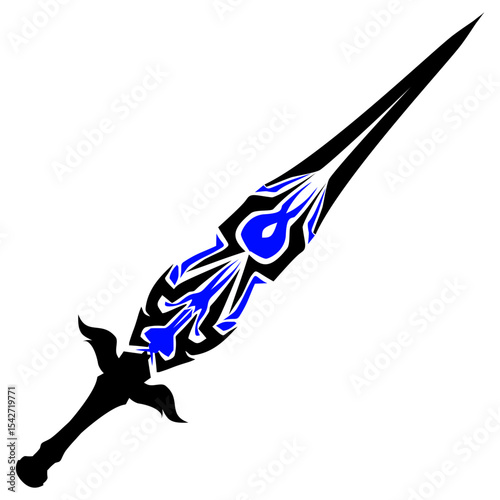 Stylized sword illustration features black hilt and blade with bold royal blue decorative patterns, creating a fantasy or medieval theme ideal for game or graphic design.