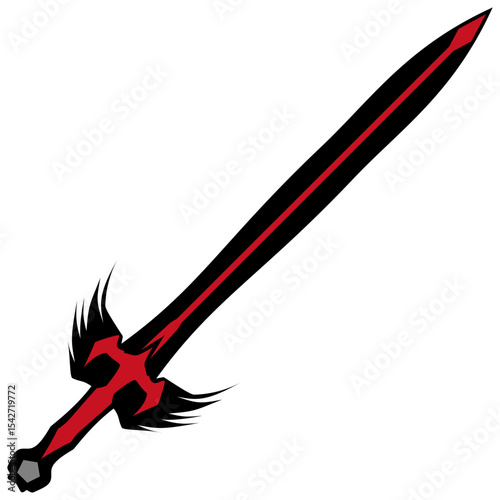 A stylized sword with a black blade and red accents is presented against a clean transparent background, creating a bold, isolated graphic element ideal for fantasy game design.