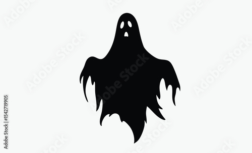 Spooky ghost silhouette, simple halloween illustration, black and white graphic on white background
