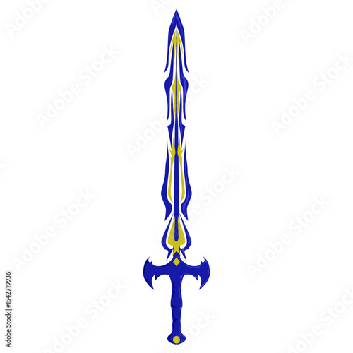 An ornate sword, colored in blue and yellow, is centered on a clean transparent background, providing a fantasy and decorative vibe suitable for gaming concepts.