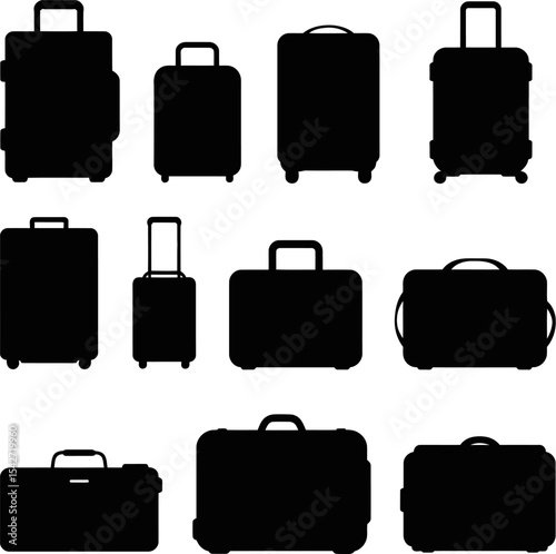 Black travel bags, suitcases, and briefcases are isolated vector icons
