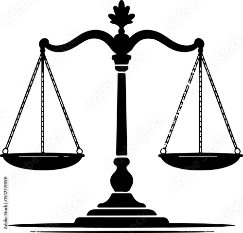 Black and White Illustration of a Classic Scale of Justice with Ornate Details and Hanging Trays Balanced on Chains