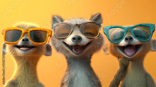 Three adorable animal friends, a fox and two meerkats, are smiling and wearing sunglasses against a warm orange backdrop.  Pure summer joy!