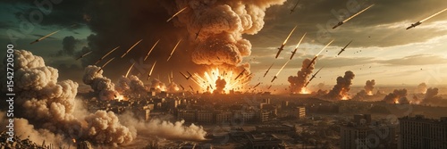 Epic scene of urban warfare, depicting a city under missile attack during a devastating conflict.