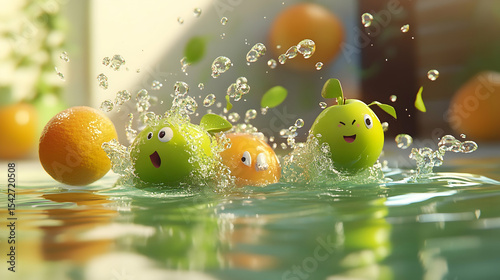 Three cheerful cartoon fruits — an apple and two oranges — splash into a pool of water.  A playful and vibrant image!
