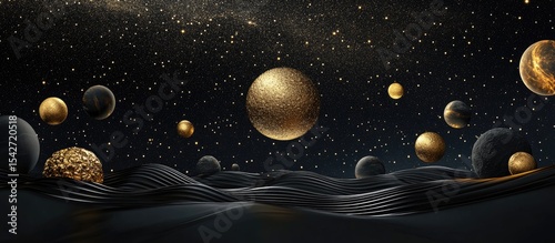 A cosmic landscape with gold planets and black dunes