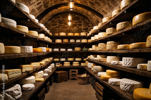 Inside a cheese cellar, showcasing an assortment of artisan cheeses on wooden shelves.