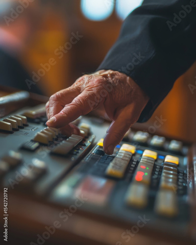  A close-up of an elderly, experienced hand operating a complex control panel with faders and buttons, suggesting a parliamentary voting system or an organist