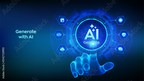 Generate with AI button. Artificial intelligence and Machine learning technology concept. AI enters by command prompt to generate ideas. Hand about to press a Generate AI button. Vector illustration.