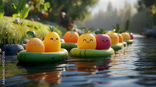 Adorable fruit characters float down a calm stream on mini rafts, enjoying a sunny day.  A cheerful and whimsical scene!