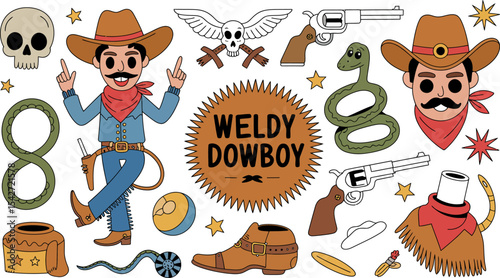 Weldy dowboy wild west cowboy illustration set vector graphic elements for design and decoration art editable stock vector illustration