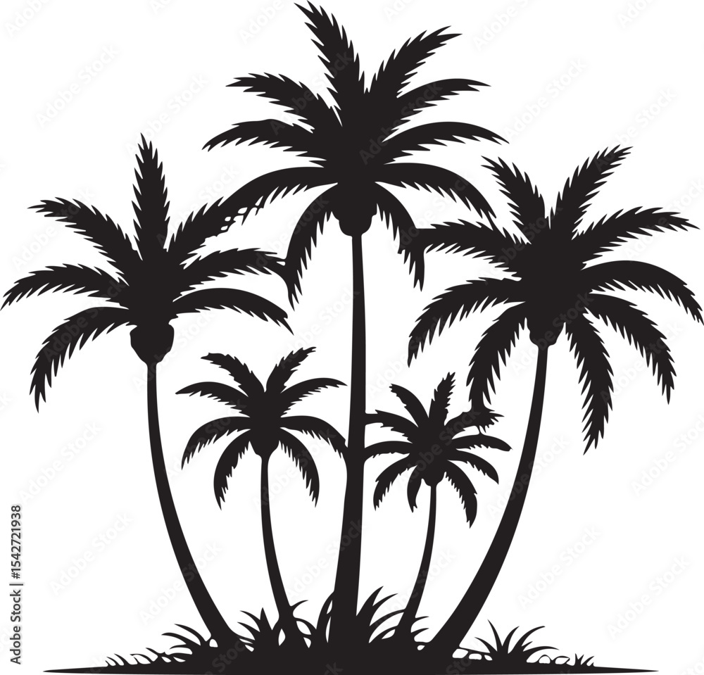 Obraz premium Palm tree silhouette vector illustration with tropical beach and summer vacation theme