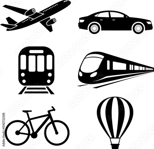 Transportation icons set vector illustration of airplane car train bicycle and hot air balloon 100 editable stock vector illustration