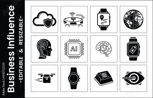 Business Influence Flat Vector Icons Depicting Smart Technology,Cloud Computing,And Artificial Intelligence Development