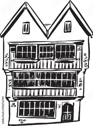 Detailed black and white hand-drawn illustration of a traditional timber-framed building with a steep gabled roof and ornamental facade