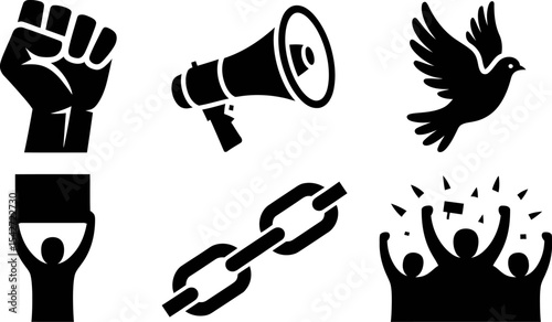 Protest rights demonstration freedom equality justice solidarity voice peace activism vector graphic set editable stock vector illustration