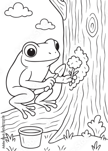 Coloring book frog planting a new flower near a tree, a charming spring coloring page for kids