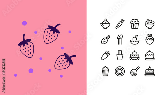 Vector food icons strawberry carrot cake muffin bowl sweet dessert healthy eating design graphic art cute editable stock vector illustration