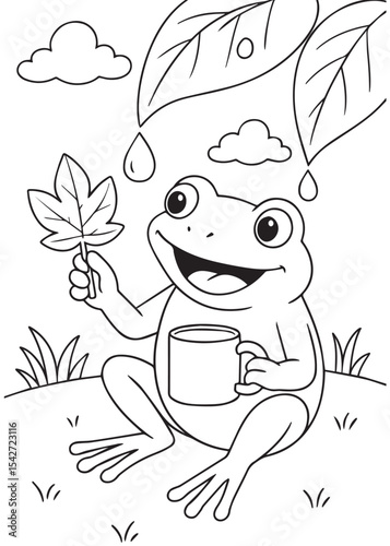 Coloring book frog collecting raindrops with a leaf and mug, a cozy spring