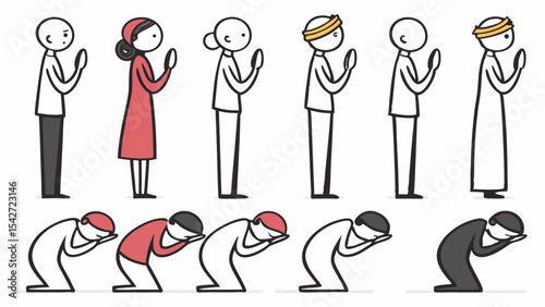 cartoon illustration Thai salute of greeting or leavetaking, to pay respect