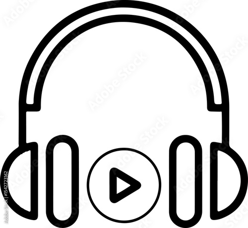 Black Outline Headphones Icon with Central Play Button Symbol Digital Audio Music Playback Concept