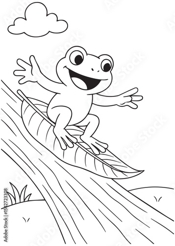Coloring book frog riding a leaf down a stream, an exciting spring coloring page for children
