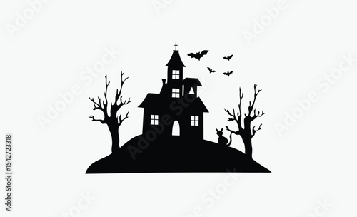 Haunted house silhouette, flying bats and spooky trees, black and white vector, Halloween illustration art