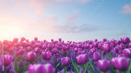 Vibrant purple tulips bathed in the warm glow of sunrise. A breathtaking floral landscape.