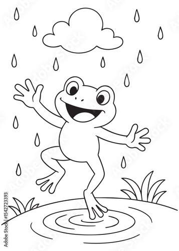 Coloring book Dancing frog enjoying the rain under a cloud