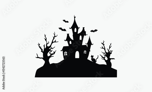 Haunted house silhouette, flying bats and spooky trees, black and white vector, Halloween illustration art