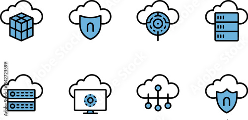 Cloud computing blockchain cyber security data center it network web hosting access icons vector set editable stock vector illustration