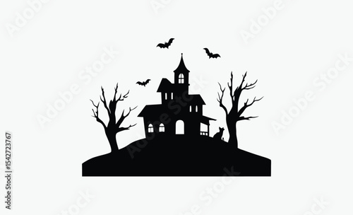 Haunted house silhouette, flying bats and spooky trees, black and white vector, Halloween illustration art