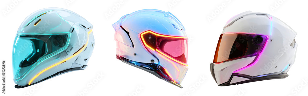 Fototapeta premium Collection of sleek aerodynamic motorcycle helmets with neon glowing accents in futuristic style isolated on a white or transparent background