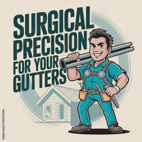 Cartoon Illustration of a Smiling Gutter Installer Carrying a Large Metal Pipe Wearing Teal Work Pants Brown
