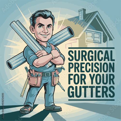 Cartoon illustration of a smiling gutter installer carrying long metal pipes tool belt house background