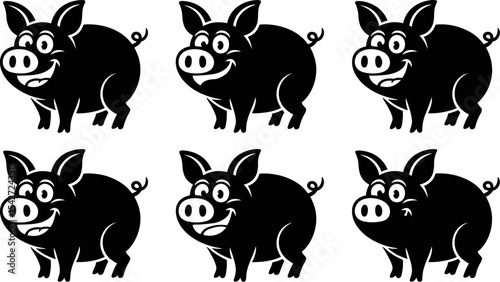 Black pig vector illustration set cartoon pigs animal farm livestock swine mammal cute happy design graphic 100 editable stock vector illustration