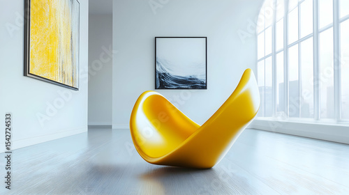 Modern yellow chair in a minimalist white room with abstract art.  The bright, glossy finish of the chair contrasts beautifully with the calm, serene atmosphere.