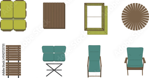 Outdoor furniture set top view garden patio deck chairs table sofa lounge seating arrangement design ideas editable stock vector illustration