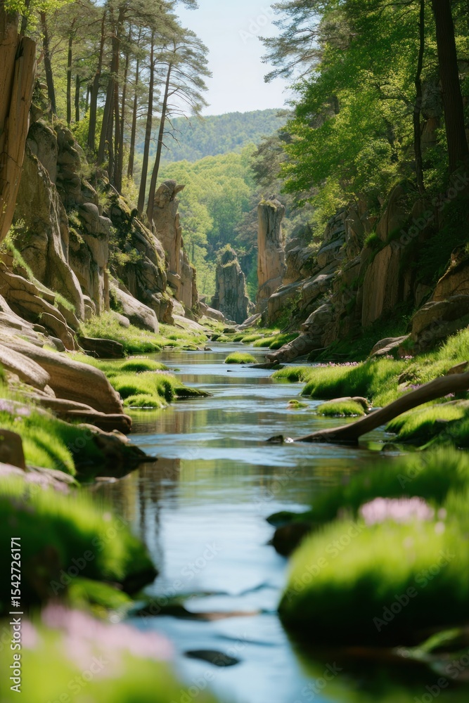 Fototapeta premium Picturesque mountain stream flowing through a lush forest
