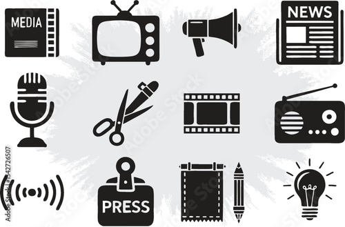 Editable Icons set for media and news channels. TV, radio, loud speaker, newspaper, media house, press card, microphone, film, camera, creativity. EPS 10