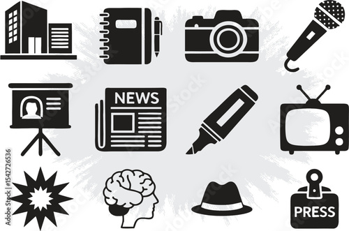 Editable Icons set for media and news channels. TV, radio, loud speaker, newspaper, media house, press card, microphone, film, camera, creativity. EPS 10