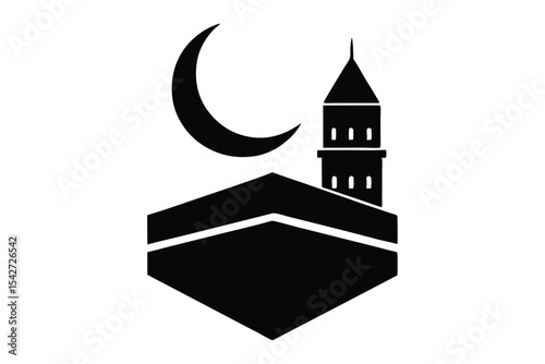 Silhouette of the kaaba with a monochrome moon