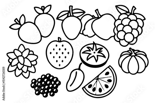 Outlined Fruit and Vegetable Assortment for Coloring Pages and Educational Materials Featuring Strawberries Mangoes Watermelon Tomatoes Pumpkins and Berries in a Simple Black and White