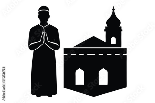 Man praying dua to kaaba silhouette illustration