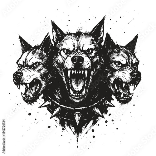 Aggressive Cerberus dog with three snarling heads and spiked collar, ink style.