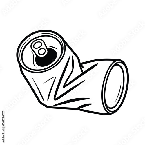 Crushed Aluminum Can Illustration in Black and White Outline