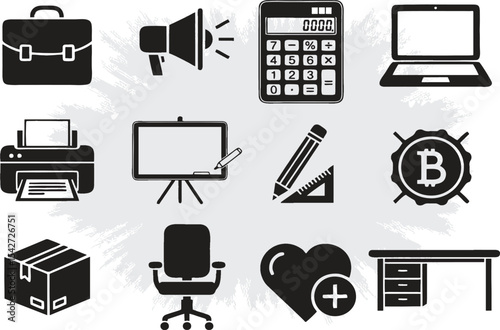 Editable Icons set for office and business. Presentation, analysis, loud speaker, briefcase, office chair, table, desk, printer, calculator, packing. EPS 10