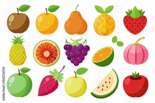 Collection of colorful cartoon fruits isolated on white background including apples oranges pears pineapple strawberry grapefruit grapes lime guava and watermelon slice