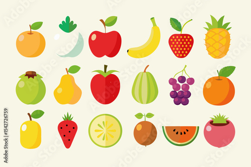 Collection of Cartoon Fruits Vector Illustration including apple banana strawberry pineapple orange pear watermelon lime grapes and other fruits perfect for educational materials and designs