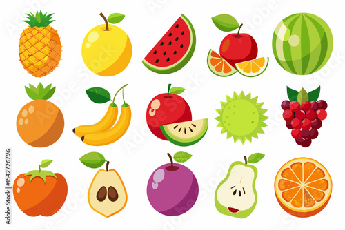 Collection of colorful cartoon style fruits including pineapple apple watermelon orange banana grapes pear plum and other tropical and temperate fruits on a white background
